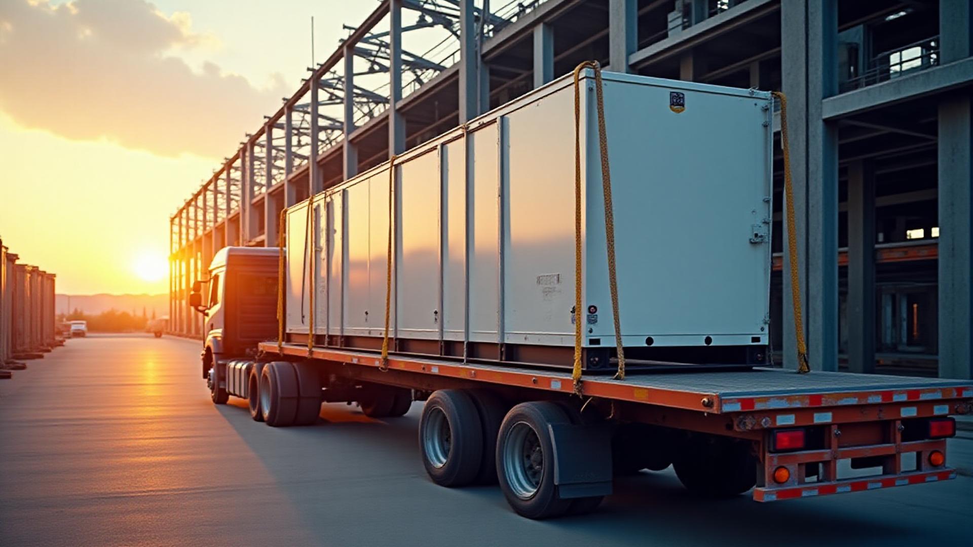 Oversized industrial generator being secured on a JMI specialized flatbed trailer