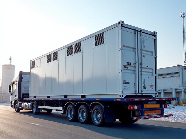A JMI Transportation truck carrying a containerized Battery Energy Storage System
