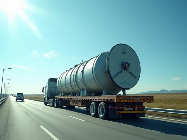 Large scale power generation turbine component being hauled by a heavy-duty truck