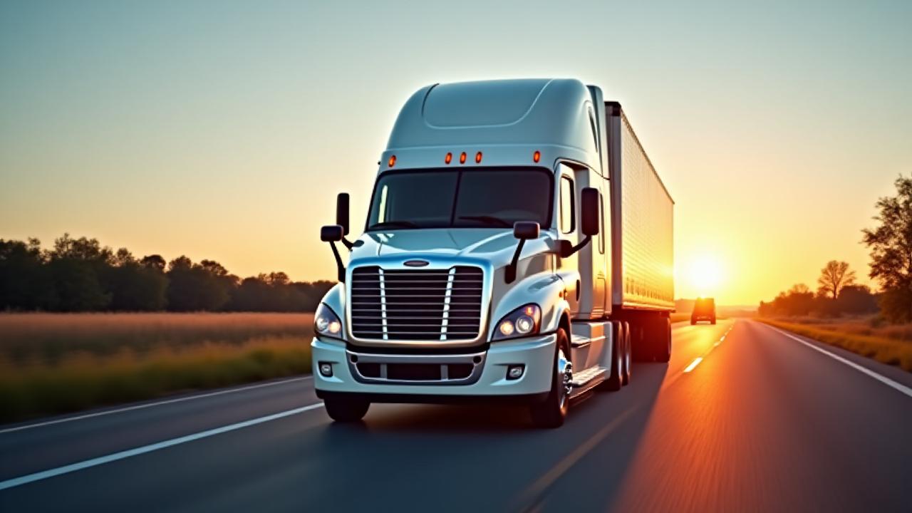 JMI Transportation semi-truck driving on an open highway at dawn