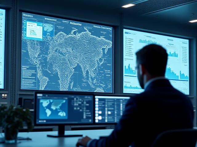 Logistics professional analyzing supply chain data on multiple monitors