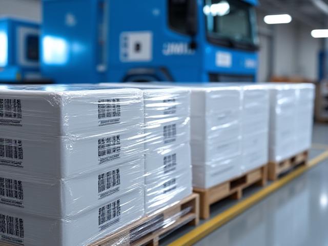 Professionally wrapped and labeled pallets ready for LTL shipping consolidation at JMI warehouse.