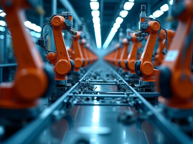Modern automotive manufacturing assembly line with robotic arms